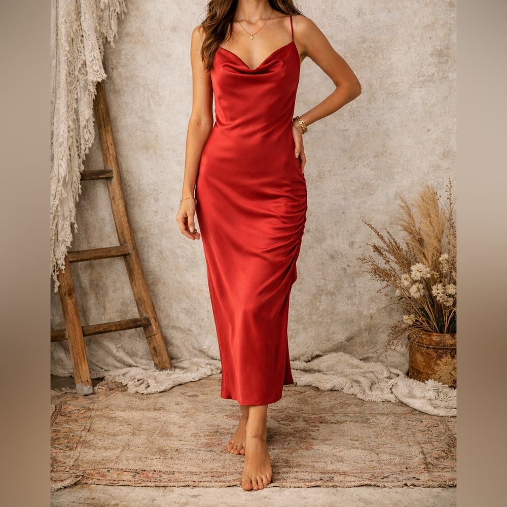 Intimately Free People Red Satin Slip Dress Cowl Neck Midi Spaghetti Straps
